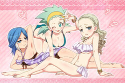  3girls anklet barefoot bikini blue_eyes blue_hair blush bracelet breasts cleavage commentary_request crossover green_eyes green_hair guel hairband heart inazuma_eleven inazuma_eleven_(series) inazuma_eleven_go inazuma_eleven_go_chrono_stone jewelry large_breasts long_hair maron_(quintet_colors) multiple_girls navel no_pupils one_eye_closed smile_(inazuma_eleven) swimsuit tongue twintails urubida v 