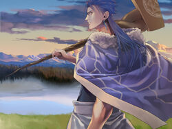  1boy absurdres blue_hair cape commentary_request cu_chulainn_(caster)_(fate) cu_chulainn_(fate) fate/grand_order fate_(series) fur_collar highres lake male_focus mitsuki_mitsuno nature outdoors ponytail scenery solo staff 