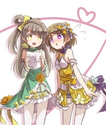  2girls :d :o armlet arms_at_sides blunt_bangs bow commentary_request detached_collar detached_sleeves dress earrings envelope flower flying_sweatdrops hair_flower hair_ornament hair_ribbon hairbow jewelry koizumi_hanayo kokuhaku_biyori_desu! letter long_hair love_letter love_live! love_live!_school_idol_project minami_kotori multiple_girls one_side_up open_mouth pantyhose pink_eyes reading ribbon shipii_(jigglypuff) short_hair smile white_legwear wrists_extended yellow_eyes 