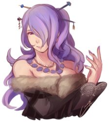  bare_shoulders camilla_(fire_emblem) cinnas commentary cosplay female final_fantasy final_fantasy_x fire_emblem fire_emblem_fates hair_ornament hair_over_one_eye hairpin jewelry long_hair lulu_(ff10) lulu_(ff10)_(cosplay) necklace paula_tiso purple_eyes purple_hair square_enix strapless voice_actor_connection 