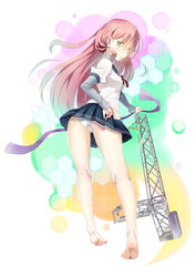  akashi_(kancolle) bare_legs barefoot blush breasts commentary_request female green_eyes hair_ribbon hip_vent kantai_collection kawayoko long_hair looking_at_viewer medium_breasts microskirt panties pink_hair ribbon school_uniform serafuku skirt solo tress_ribbon underwear wavy_mouth 