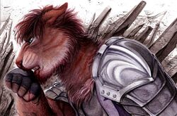  2017 angry anthro armor blood bodily_fluids clothed clothing conditional_dnp detailed_background faraden felid hi_res hybrid legacy_(ratte) lion male mammal montreal_(ratte) new_faraden open_mouth pantherine ratte solo story story_in_description tiger tigon traditional_media_(artwork) 