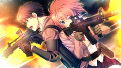  black_hair blue_eyes game_cg gloves gun innocent_bullet kanzaki_sayaka nachi_youji oosaki_shinya red_hair seifuku short_hair weapon 