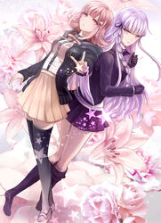  2girls black_thighhighs boots braid commentary_request danganronpa:_trigger_happy_havoc danganronpa_(series) danganronpa_2:_goodbye_despair flipped_hair floral_background flower galaga gloves hair_ornament hair_ribbon hairclip highres hood hoodie kirigiri_kyoko knee_boots lily_(flower) long_hair medium_hair multiple_girls nanami_chiaki necktie nishikawa_(fe) open_mouth pink_eyes pink_flower pink_hair purple_eyes purple_hair ribbon rose school_uniform side_braid star_(symbol) thighhighs white_flower white_lily white_rose zettai_ryouiki 