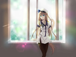  arm_support blonde_hair blue_eyes commentary_request female hat highres lexington_(warship_girls_r) long_hair pantyhose playing_with_own_hair short_sleeves solo suanjianyanchendianyushui uniform warship_girls_r window windowsill 