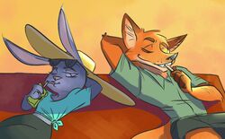  2017 anthro canid canine clothed clothing disney duo female fox fur judy_hopps lagomorph leporid male mammal murlik nick_wilde rabbit red_fox true_fox zootopia 