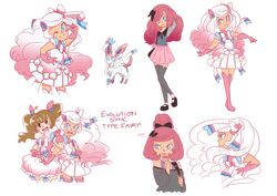  2girls alternate_hairstyle blue_eyes blush boots bow brown_eyes brown_hair commentary dragon_tamer_(pokemon) dual_persona eevee eeveelution_project ellette_(loony_bear) english_text fur_trim garter_straps gloves gradient_hair hair_ribbon hairbow hanakawa_ran hand_on_own_hip looking_at_viewer loony_bear magical_girl multicolored_hair multiple_girls off_shoulder one_eye_closed original parted_lips personification pink_footwear pink_hair pokemon pokemon_(creature) ponytail reference_sheet ribbon simple_background skirt smile standing sylveon thigh_boots thighhighs twintails v v_over_eye white_background 