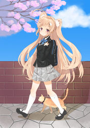  :o animal azur_lane black_footwear black_jacket blazer blonde_hair blue_sky blush brick_wall cherry_blossoms cloud commentary_request day eikura eldridge_(azur_lane) eldridge_(the_inquisitive_recluse)_(azur_lane) facial_mark feline female grey_skirt hair_ornament hairclip jacket kneehighs long_hair mary_janes official_alternate_costume outdoors parted_lips pleated_skirt purple_eyes school_uniform shoes skirt sky socks solo two_side_up very_long_hair walking white_socks 