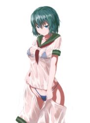  ass_visible_through_thighs bad_id bad_pixiv_id bare_arms bikini bikini_under_clothes blue_bikini blue_eyes closed_mouth collarbone commentary_request cowboy_shot female green_hair hair_between_eyes half-closed_eye looking_at_viewer micro_bikini murasa_minamitsu no_headwear sailor_collar seductive_smile see-through shirt short_sleeves shorts simple_background smile solo standing stomach swimsuit touhou tsukira_(amayadori) undressing wet wet_clothes wet_face wet_shirt wet_shorts white_background white_shirt white_shorts 