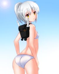  ass backpack bad_id bad_pixiv_id bag bikini female gundam humanization rx-78-2 s.bomb short_hair swimsuit white_hair yellow_eyes 