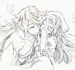  1boy aged_down aqua_hair azura_(fire_emblem) azura_(young)_(fire_emblem) bad_id bad_twitter_id bug butterfly closed_eyes closed_mouth corrin_(fire_emblem) corrin_(male)_(adrift)_(fire_emblem) corrin_(male)_(fire_emblem) female fire_emblem fire_emblem_fates fire_emblem_heroes hair_between_eyes hat long_hair nonomori_(anst_nono) pointy_ears red_eyes short_hair white_hair 