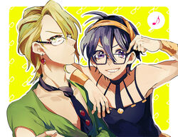  2boys bad_id bad_pixiv_id belt bespectacled black_hair blonde_hair choker eighth_note food fruit glasses headband ioko jojo_no_kimyou_na_bouken multiple_boys musical_note narancia_ghirga necktie pannacotta_fugo purple_eyes short_hair smile speech_bubble spoken_musical_note strawberry yellow_eyes 