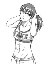  abs adjusting_hair bad_link clothes_writing female greyscale ishido_natsuo midriff mixed_martial_arts monochrome monorus navel shorts solo sports_bra teppu 