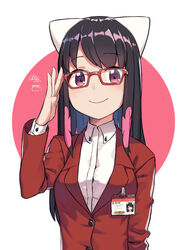  black_hair cloba commentary_request female formal glasses highres long_hair long_sleeves looking_at_viewer multicolored_hair name_tag original photoshop_(medium) pink_eyes player_2_(cloba) red-framed_eyewear red_suit simple_background smile solo suit white_background 