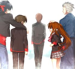  4boys bad_id bad_pixiv_id black_hair brown_hair female highres inohara_masato japanese_clothes little_busters! little_busters!_school_uniform long_hair miyazawa_kengo multiple_boys naoe_riki natsume_kyousuke natsume_rin plaid plaid_skirt school_uniform sennen_suisei short_hair skirt white_hair 