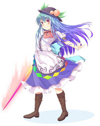  bad_id bad_pixiv_id blue_hair boots dress female food fruit full_body grin hat highres hinanawi_tenshi knee_boots layered_dress leaf long_hair nekomiyanono outstretched_arm peach puffy_short_sleeves puffy_sleeves red_eyes ribbon short_sleeves simple_background smile solo sword_of_hisou touhou white_background wind 