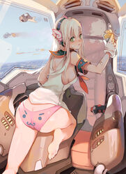  :3 absurdres aircraft armband ascot ass bad_artstation_id bad_id bandaid bandaid_on_arm bandaid_on_cheek bandaid_on_face bare_shoulders barefoot blue_sky bracer breasts bursting_ass butt_crack cockpit cotton_tan cowboy_shot day female from_behind gloves green_eyes hairband hand_up head_wings highres holding knee_up legs_apart long_hair looking_at_viewer looking_back medium_breasts midair original panties parted_lips photoshop_(medium) pink_panties sailor_collar shirt shoboon sideboob sidelocks sky sleeveless sleeveless_shirt smile soles solo star_(symbol) star_print toes undersized_clothes underwear v-shaped_eyebrows white_gloves white_hair white_shirt wing_print wings 