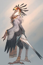  2018 4_toes accipitriform ambiguous_gender anisodactyl anthro avian avian_arms avian_feet beak bird bracelet clothed clothing digitigrade feathers feet gomalemo grey_body grey_feathers hi_res jewelry scuted_feet scuted_hands scutes secretary_bird semi-anthro signature simple_background solo standing tail tail_feathers toes winged_arms wings 