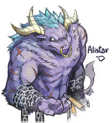  1boy abs alistar_(league_of_legends) artist_name beau_555 blue_hair chains character_name commentary_request dated furry furry_male horns league_of_legends male_focus minotaur navel piercing scar simple_background solo topless_male white_background 