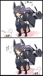  black_border black_hair blush border breasts commentary_request eyepatch feline female fingerless_gloves gloves headgear kantai_collection kekocha large_breasts necktie panties pantyshot pink_panties school_uniform short_hair skirt smile solo squatting tenryuu_(kancolle) thighhighs translated underwear yellow_eyes 