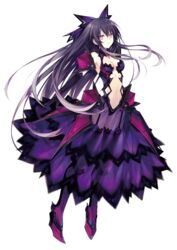  bare_shoulders black_gloves black_hair black_thighhighs breasts brown_eyes date_a_live dress elbow_gloves female full_body garter_straps gloves hair_ornament long_hair looking_at_viewer medium_breasts navel official_art purple_dress see-through solo thighhighs transparent_background tsunako yatogami_tenka yatogami_tooka 