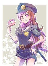  :t baton_(weapon) belt bitten breasts brown_eyes brown_hair cleavage commentary cuffs doughnut eating female food food_on_face handcuffs hat heterochromia iesupa long_hair medium_breasts multicolored_hair necktie neo_politan pink_eyes pink_hair police police_badge police_hat police_uniform policewoman rwby shorts solo split-color_hair tonfa uniform weapon 