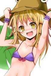  armpits arms_up backlighting bad_id bad_pixiv_id bikini blonde_hair collarbone female flat_chest hair_ribbon hat highres leaf_umbrella long_hair looking_at_viewer moriya_suwako navel open_mouth purple_bikini revision ribbon smile solo swimsuit touhou velia wrist_cuffs yellow_eyes 