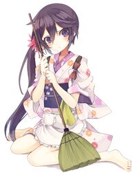  :&lt; absurdres akebono_(kancolle) akebono_(new_year_mode)_(kancolle) apron bare_legs barefoot bell blush broom commentary_request female flower frown full_body hair_bell hair_flower hair_ornament highres japanese_clothes jingle_bell kantai_collection kimono long_hair looking_at_viewer official_alternate_costume purple_eyes purple_hair short_kimono short_sleeves shugao side_ponytail simple_background sitting solo tasuki toes very_long_hair waist_apron wariza white_background 