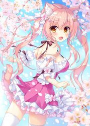  2018 :d ameto_yuki animal_ear_fluff animal_ears artist_name blue_sky blush breasts brown_eyes cat_ears cat_girl cat_tail cherry_blossoms commentary_request day detached_sleeves dress female fingernails flower hair_between_eyes large_breasts macaron_(ameto_yuki) open_mouth original outdoors pink_dress pink_flower pink_hair puffy_short_sleeves puffy_sleeves short_sleeves sky smile solo spring_(season) tail thighhighs twintails white_thighhighs 