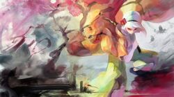  abstract bad_id bad_pixiv_id bug butterfly cherry_blossoms faux_traditional_media female fighting_stance flower hair_flower hair_ornament hairband highres hogecomhoge konpaku_youmu psychedelic solo touhou tree 