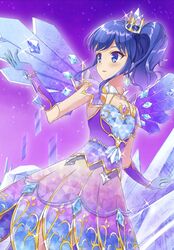  aikatsu! aikatsu!_(series) bad_id bad_pixiv_id blue_eyes blue_gloves blue_hair blue_wings blush commentary crown crystal dress dutch_angle earrings elbow_gloves female glint gloves gradient_gloves gradient_wings hand_up jewelry kiriya_aoi looking_away looking_to_the_side mini_crown multicolored_wings parted_lips ponytail purple_dress purple_gloves purple_wings rurukuru sidelocks solo wings 