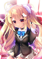  ahoge azur_lane between_legs black_choker black_jacket blazer blonde_hair blue_bow blue_bowtie blush bow bowtie chair choker classroom collared_shirt commentary_request day desk earbuds earphones eldridge_(azur_lane) eldridge_(the_inquisitive_recluse)_(azur_lane) facial_mark female fingernails grey_skirt hair_ornament hairclip hand_between_legs indoors jacket long_hair long_sleeves looking_at_viewer nanamomo_rio official_alternate_costume plaid plaid_bow plaid_bowtie plaid_skirt pleated_skirt red_eyes school_chair school_desk school_uniform shirt single_earphone_removed sitting skirt sleeves_past_wrists solo sparks sunlight two_side_up unmoving_pattern very_long_hair white_shirt window 