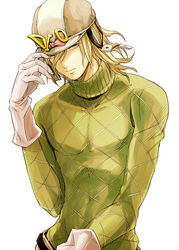  1boy bad_id bad_pixiv_id blonde_hair diego_brando gloves green_eyes green_shirt hat jojo_no_kimyou_na_bouken male_focus shirt solo steel_ball_run sweater turtleneck yoshitaro_(almendra) 