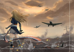  aircraft airplane blonde_hair blue_jacket cloud cloudy_sky commentary_request dated female foaming_waves from_behind highres holding holding_sword holding_weapon jacket long_hair mast ocean photoshop_(medium) richelieu_(warship_girls_r) shoes shorts sky smoke solo standing sunlight sword warship_girls_r water waves weapon white_footwear white_legwear white_shorts yesheng_yaomeng 