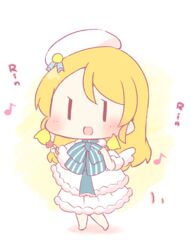  :d angel_wings ayase_eli bad_id bad_twitter_id barefoot bell bell_ringing beret blonde_hair blush chibi dress eighth_note female hair_down handbell hat hat_ribbon layered_dress love_live! love_live!_school_idol_project musical_note ribbon saku_usako_(rabbit) smile solo walking wings |_| 