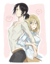  2girls back-to-back bad_id bad_pixiv_id black_hair blonde_hair blush freckles heart highres krista_lenz meer_rowe multiple_girls photoshop_(medium) pink_background shingeki_no_kyojin short_hair short_ponytail smile speech_bubble ymir_(shingeki_no_kyojin) 