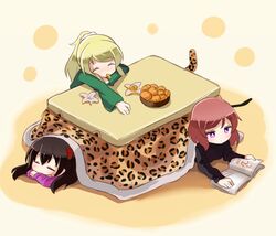  3girls animal_print ayase_eli bibi_(love_live!) blonde_hair bow bowl closed_eyes commentary_request crossed_arms food fruit hair_ornament hair_scrunchie hairbow kotatsu leopard_print leopard_tail love_live! love_live!_school_idol_project lying mandarin_orange mouth_hold multiple_girls nishikino_maki on_stomach orange_peel ponytail print_object purple_eyes reading red_hair scrunchie shipii_(jigglypuff) short_hair sleeping table tail twintails under_kotatsu under_the_table white_scrunchie yazawa_nico 