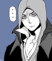  ... 1boy aimf alex_mercer blank_stare blue_theme commentary_request hood hoodie male_focus monochrome prototype_(game) 