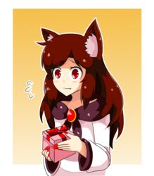  animal_ears birthday blush box brooch commentary dress fang_out female fingernails flying_sweatdrops gift gift_box highres imaizumi_kagerou jewelry long_fingernails long_hair neferkitty oerba_yun_fang parody red_eyes red_hair sharp_fingernails solo style_parody touhou very_long_hair wolf_ears wool_(miwol)_(style) 