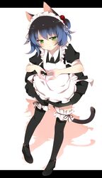  1boy absurdres animal_ears apron black_hair black_thighhighs blue_hair blush cat_ears cat_tail commentary_request crossdressing dress_shoes frills green_eyes hair_bobbles hair_ornament heart heart_hands highres kiki_(tsunya) maid male_focus male_maid multicolored_hair otoko_no_ko ryoune_yami shoes short_hair solo tail thighhighs utau 