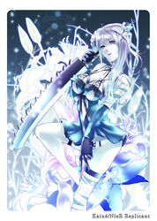  bandages belt blue_eyes bow braid breasts coma2 commentary_request dual_wielding elbow_gloves female flower frills gloves grey_hair hair_ornament high_heels highres holding kaine_(nier) lingerie long_legs medium_breasts narrow_waist negligee nier nier_(series) panties photoshop_(medium) ribbon shoes short_hair solo sword thigh_strap thighhighs underwear weapon white_hair white_panties 