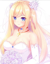  bad_id bad_pixiv_id bare_shoulders blonde_hair blue_eyes blush bouquet braid breasts bridal_veil bride choker cleavage cross cross_necklace crown_braid dress female flower hair_flower hair_ornament jewelry large_breasts long_hair necklace prinz_luzifer richelieu_(warship_girls_r) rose smile solo strapless strapless_dress veil warship_girls_r wedding_dress white_flower white_rose 