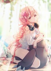  ahoge blurry blurry_background blurry_foreground chinese_commentary closed_mouth clothes_writing clouble commentary day depth_of_field evanthe_(pride_of_eden) female hair_between_eyes hair_ornament headphones headphones_around_neck hugging_object long_hair looking_at_viewer off_shoulder pink_hair red:_pride_of_eden red_eyes release_celebration seiza shirt short_sleeves sitting solo star_(symbol) star_hair_ornament stuffed_animal stuffed_toy sunlight teddy_bear very_long_hair white_shirt 