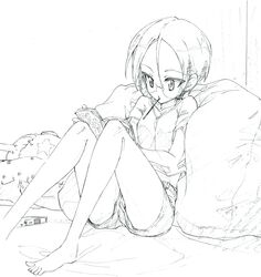  absurdres barefoot book casual commentary female food food_in_mouth girls_und_panzer glasses graphite_(medium) greyscale highres holding holding_book kumagapaniti midriff monochrome mouth_hold on_bed panties panty_peek pillow pocky reading rimless_eyewear round_eyewear rumi_(girls_und_panzer) shirt short_hair short_shorts short_sleeves shorts sitting solo star_(symbol) t-shirt traditional_media underwear 