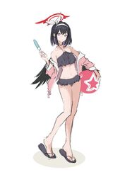  ball bare_shoulders beachball bikini black_bikini black_footwear black_hair black_wings blue_archive female flip-flops full_body hair_between_eyes hairband halo halterneck holding holding_ball jacket legs long_sleeves low_wings mashiro_(blue_archive) mashiro_(swimsuit)_(blue_archive) navel off_shoulder official_alternate_costume open_clothes open_jacket pink_jacket purple_eyes red_halo sandals shadow simple_background solo standing stomach swimsuit toki_(yoyobozi) white_background white_hairband winged_halo wings 