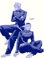  2boys arrow_earrings braid brothers character_name crossed_arms diamond_wa_kudakenai dollar_sign flattop gakuran haruko_(chikadoh) jojo_no_kimyou_na_bouken male_focus monochrome multicolored_hair multiple_boys nijimura_keicho nijimura_okuyasu pompadour school_uniform siblings single_braid sitting two-tone_hair yen_sign 