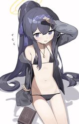  bikini black_bikini black_hair blue_archive blush book breasts cardigan female flying_sweatdrops grey_cardigan hair_ribbon hairband halo haruteru highres jewelry long_hair long_sleeves looking_at_viewer navel necklace official_alternate_costume open_cardigan open_clothes ponytail purple_eyes ribbon shadow simple_background small_breasts solo stomach swimsuit ui_(blue_archive) ui_(swimsuit)_(blue_archive) very_long_hair white_background 