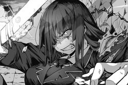  breasts chipped_sword clenched_teeth collared_shirt commentary_request female glint greyscale hatching_(texture) holding holding_sword holding_weapon injury jacket long_hair monochrome necktie nizitaro protagonist_2_(housamo) rubble ruins school_uniform shirt slit_pupils solo sweat sword teeth tokyo_afterschool_summoners torn_clothes torn_jacket upper_body weapon 