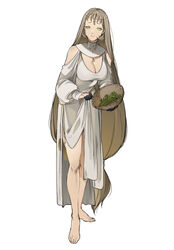  bare_arms bare_shoulders barefoot basket black_gloves breasts brown_hair circlet cleavage clothing_cutout dmuyaa dress female food full_body gloves gradient_hair green_eyes grey_hair half-closed_eyes half_gloves herb highres holding holding_basket jewelry large_breasts light_brown_hair long_hair long_sleeves looking_at_viewer low-tied_long_hair multicolored_hair original pendant puffy_long_sleeves puffy_sleeves shoulder_cutout sidelocks simple_background smile solo standing vegetable very_long_hair white_dress 