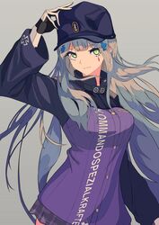  absurdres baseball_cap breasts collared_shirt dress female girls&#039;_frontline gloves green_eyes hair_ornament hand_on_headwear hand_on_own_head hand_up hat highres hk416_(girls&#039;_frontline) long_hair long_sleeves looking_at_viewer medium_breasts protected_link purple_dress sarasa_dry shirt simple_background skirt white_gloves white_hair 